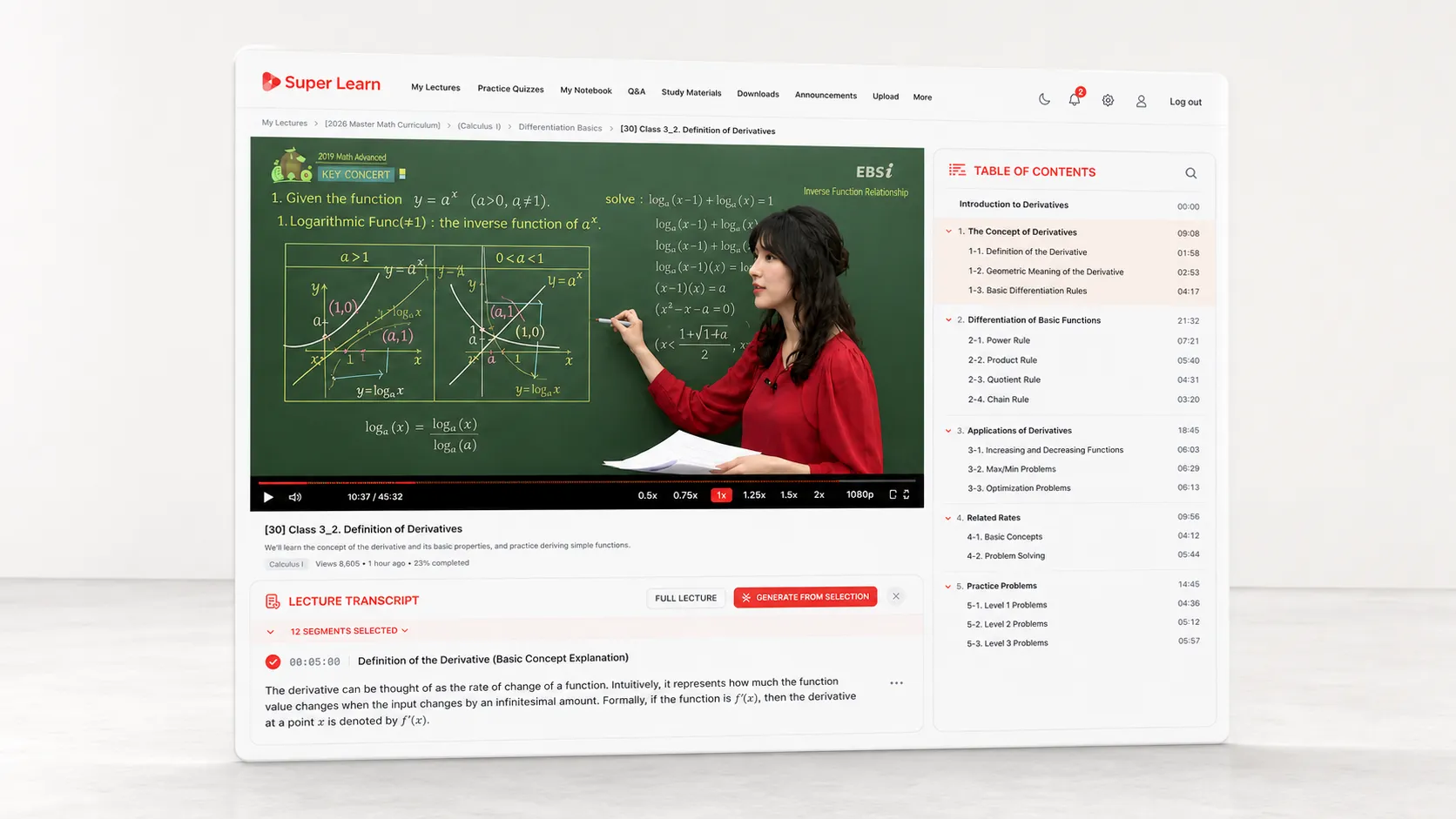 The SuperLearn web player showing a calculus lecture video beside an automatically generated table of contents with timestamped chapters such as 'The Concept of Derivatives' and 'Chain Rule', and a lecture transcript panel below the video.