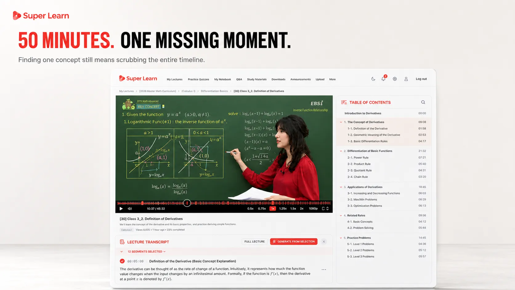 Illustration titled '50 minutes. One missing moment.' showing the SuperLearn player with a conventional scrub-bar timeline highlighted below the lecture video, representing how finding one concept requires scrubbing the entire recording.